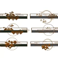 Modern Wall Decor Six Long Rectangular Pieces with Metal Geometric Shapes and Floral Minimalist Designs
