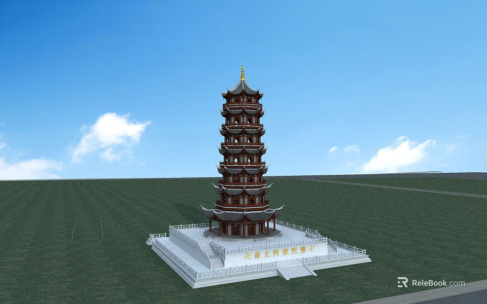 Ancient Architecture Multi story Brown Gold Pagoda With White Base On Green Grass Blue Sky 3d model 