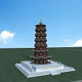 Ancient Architecture Multi story Brown Gold Pagoda With White Base On Green Grass Blue Sky