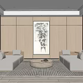 Hotel Public Lounge Area with Wooden Walls Beige Sofas Round Coffee Table And Decorative Painting
