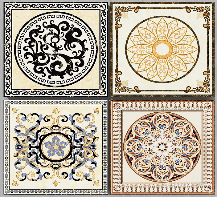 Decorative Floor Tiles with Intricate Classical Patterns in Black White Gold Blue Designs 3d model