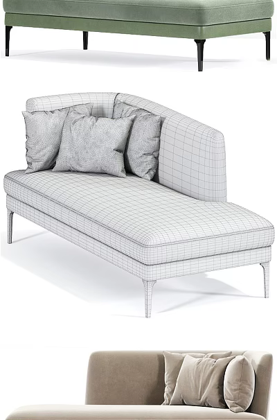 Chaise Lounge Wireframe Design With Grid Pattern And Plush Pillows On Slim Legs 3d model