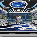 School Science Laboratory With Blue White Hexagonal Decor Circular Ring Installations Tables Chairs And Windows 3d model