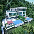 Modern Detached Villa In Lush Green Hills Featuring Swimming Pool Outdoor Loungers And Red Umbrellas