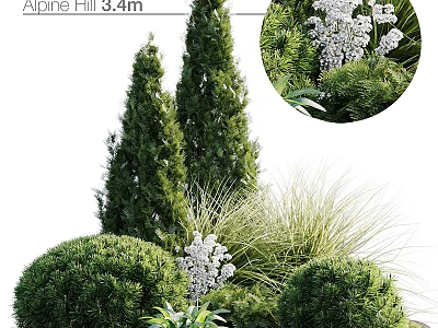 Park Landscape with Alpine Hill 3.4m Coniferous Trees Rounded Shrubs White Flowers and Grasses 3d model