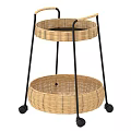 Two Tier Wicker Storage Trolley with Black Metal Frame and Rolling Wheels