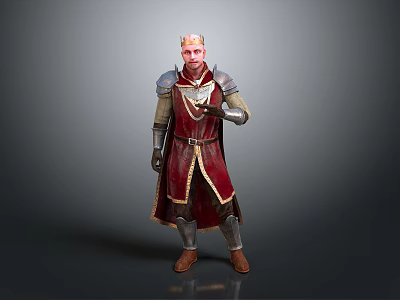 Medieval Man in Red Robe with Gold Trim Crown and Armor Standing Pose 3d model