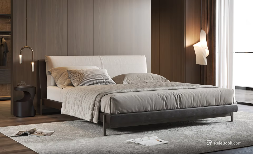Modern Double Bed With Light Headboard Dark Frame And Modern Floor Lamp In Wooden Bedroom 3d model 