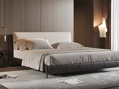 Modern Double Bed With Light Headboard Dark Frame And Modern Floor Lamp In Wooden Bedroom 3d model