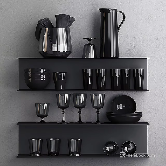Black Ceramic Vessels on Black Shelves Including Vases Cups Plates Bowls and Goblets 3d model 