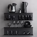 Black Ceramic Vessels on Black Shelves Including Vases Cups Plates Bowls and Goblets