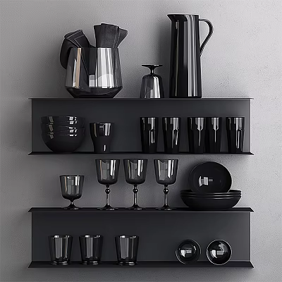 Black Ceramic Vessels on Black Shelves Including Vases Cups Plates Bowls and Goblets 3d model