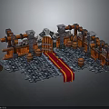 Medieval Castle Interior With Stone Walls Wooden Door Red Carpet And Barrels