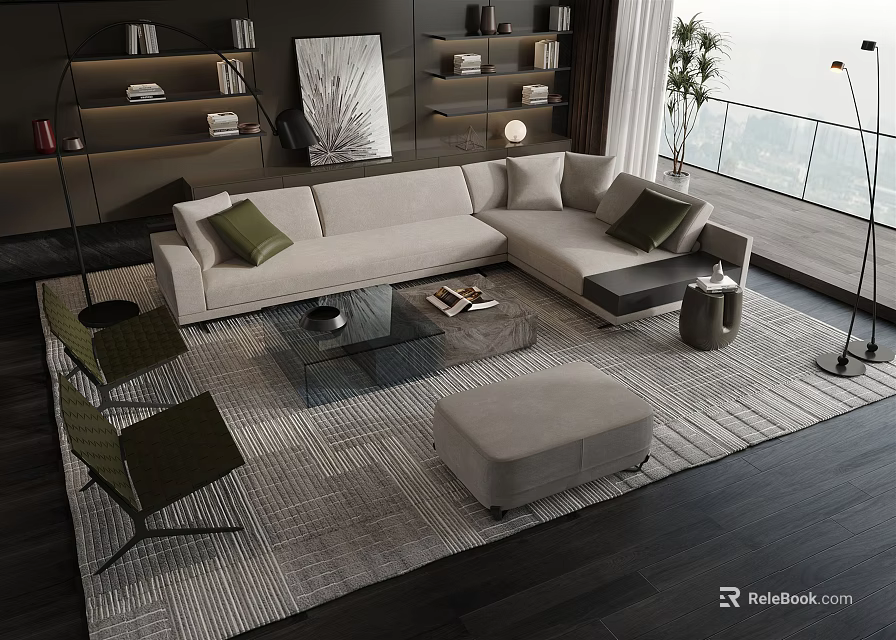 Beige L Shaped Sofa With Green Cushions And Glass Coffee Table Set On Rug 3d model 