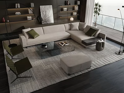 Beige L Shaped Sofa With Green Cushions And Glass Coffee Table Set On Rug 3d model