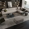 Beige L Shaped Sofa With Green Cushions And Glass Coffee Table Set On Rug