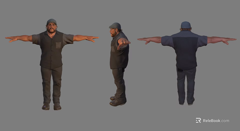 Male Character 3D Model Display With Black Outfit Hat Different Angles Extended Arm Pose 3d model 