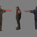 Male Character 3D Model Display With Black Outfit Hat Different Angles Extended Arm Pose