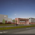 Modern School Building Night View With Lighting Stars Moon Road And Greenery