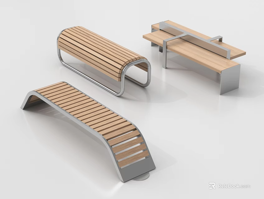 Modern Landscape Seats With Wooden Slats And Metal Frames In Various Styles 3d model 