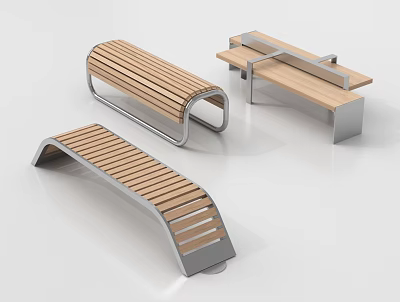 Modern Landscape Seats With Wooden Slats And Metal Frames In Various Styles 3d model