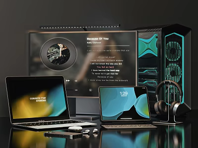 Modern Laptop Tablet Desktop PC Setup With Gaming Case Headphones And 3d model