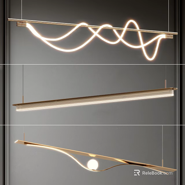 Modern Curved Linear Chandeliers With Sleek Gold Finish And LED Lighting 3d model 