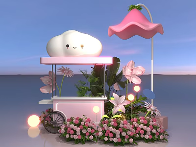 Cute Tea Break Area With Pink Cart Smiling Cloud Decoration Pink Umbrella And Flowers 3d model