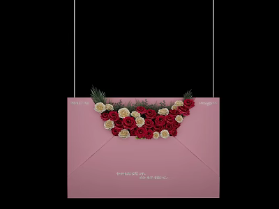 Decorative Pink Envelope Adorned With Red White Roses And Green Leaves 3d model