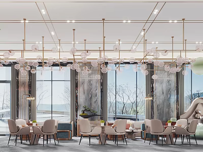 Modern Luxury Leisure Space With Large Windows Pendant Lights Marble Walls Comfortable Seating And Slide 3d model