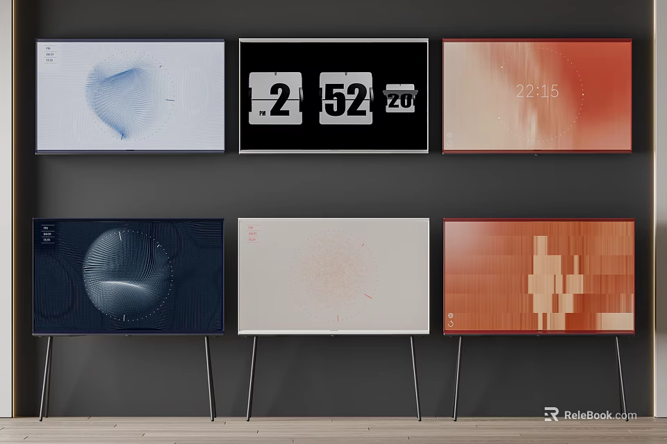 Six Modern Televisions Arranged On Wall Displaying Various Time And Pattern Screens 3d model 