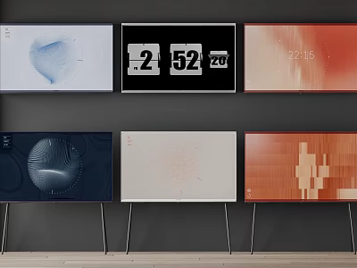 Six Modern Televisions Arranged On Wall Displaying Various Time And Pattern Screens 3d model