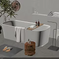White Freestanding Bathtub with Hanging Lamp Plant Shelf with Towels Tray with Bottles and Slippers