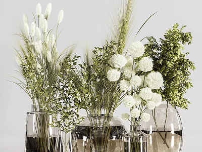 Transparent Glass Vases With White Flowers Green Leaves And Wheat Ears On Light Gray Background 3d model