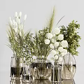 Transparent Glass Vases With White Flowers Green Leaves And Wheat Ears On Light Gray Background