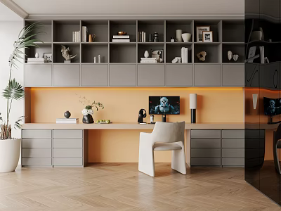 Modern Home Office Desk With Grey Built In Bookshelves White Chair And Potted Plant 3d model