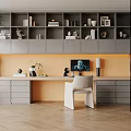 Modern Home Office Desk With Grey Built In Bookshelves White Chair And Potted Plant
