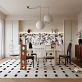 Modern Living Room Interior With Black And White Patterned Rug Pendant Lights And Dining Table