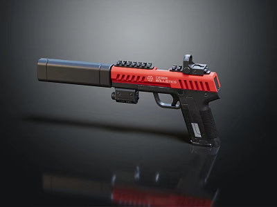 Red And Black Pistol With Suppressor Rail Grip And Tactical Sight 3d model