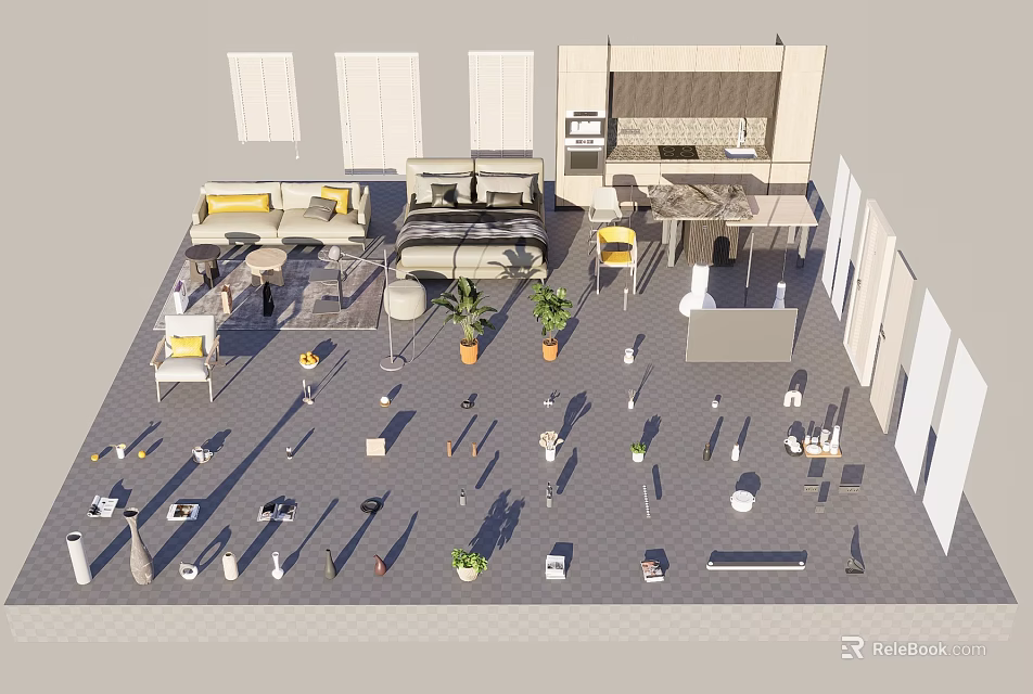 Hotel Room Interior With Bed Sofa Table Chairs And Decorative Plants 3d model