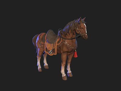 Brown Horse Standing With Leather Saddle Bridle White Legs And Tassel 3d model