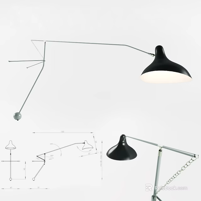 Modern Wall Lamp With Adjustable Metal Arm And Black Shade Design 3d model 