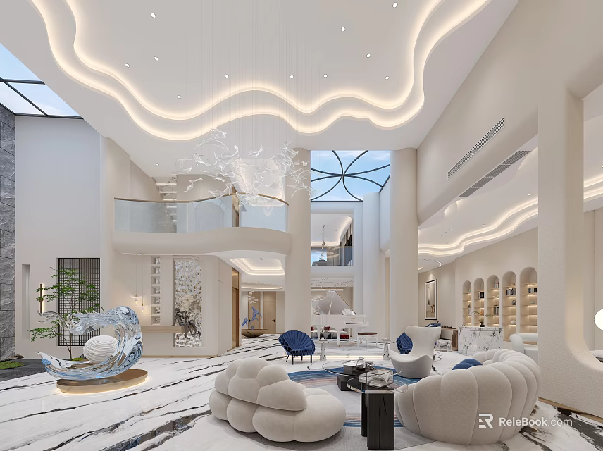 Modern Living and Dining Room Interior With Lofty Ceiling Curved Lighting And Marble Flooring 3d model 