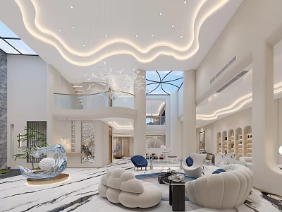 Modern Living and Dining Room Interior With Lofty Ceiling Curved Lighting And Marble Flooring 3d model