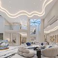 Modern Living and Dining Room Interior With Lofty Ceiling Curved Lighting And Marble Flooring