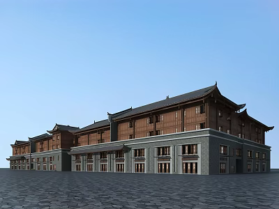 Traditional Chinese Commercial Street With Tiered Roofs Wooden Facades And Spacious Storefronts 3d model