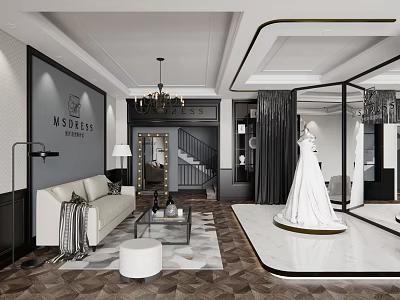 Elegant Bridal Shop Interior With White Wedding Dress Mannequin Sofa Chandelier Mirror And Rug 3d model