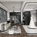 Elegant Bridal Shop Interior With White Wedding Dress Mannequin Sofa Chandelier Mirror And Rug