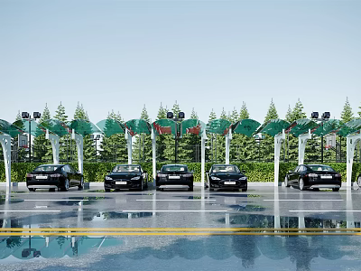Carport Canopy Covered Parking Lot With Black Cars Green Roof And White Pillars 3d model