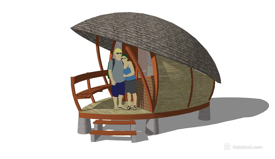Cozy Wooden Thatched Roof Hut With Two People Bench And Steps Structure 3d model 